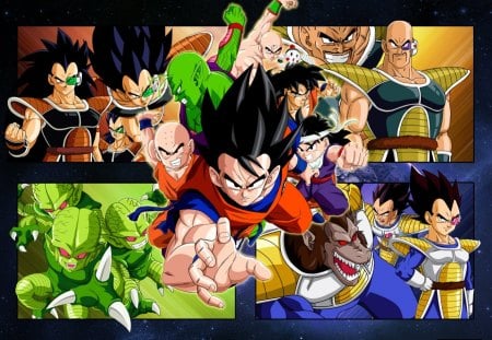 Goku And Friends Attacking VS Saiyans Enemy - Great Ape Vegeta, Nappa, Chiatzou, Fighters, Little monster, Anime, Tienshinhan, Krillin, Player, Yamcha, Son Goku, Raditz, Piccolo, Vegeta, Enemys, Son Gohan