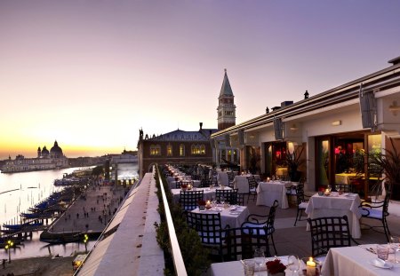  Venice - good morning, beauty, sky, italy, terrace, candles, venice, hotel, view, clouds, table, architecture, romance, morning, gondolas, lovely, italia, nature, grand canal, romantic, beautiful, sunrise, sea, lights