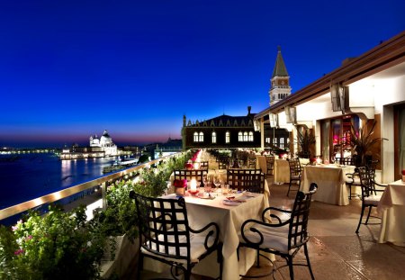 Evening in Venice - grand canal, Venice, blue, romantic, evening, romance, dinner, view, hotel, candles, sky, water, sea, architecture, Italia, nature, sunset, lights, Italy