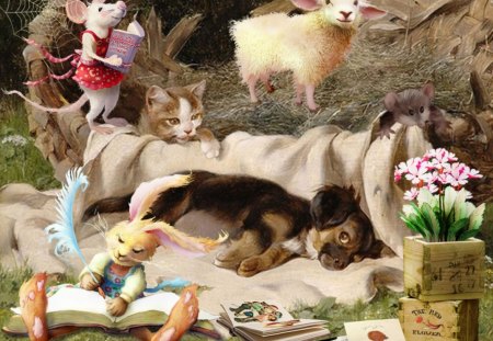 Little Friends - sheep, cat, dog, mouse, bunny, flower