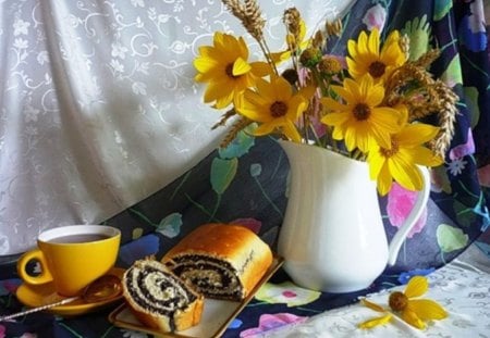 Still life - abstract, vase, yellow, photography, tea, still life, flowers, nature, cake, sponge cake, cup