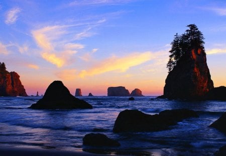 Sea stacks at sunrise - summer, rocks, beautiful, amazing, ocean, nature, sunset, pretty, stones, shore, sky, coast, brach, nice, clouds, lovely, sea, sunrise, waves