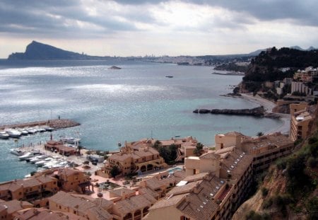 View on Calpe Rock, Spain - clouds, abstract, photography, harbour, ocean, mountain, village, boats, view, mountains, sun, sky