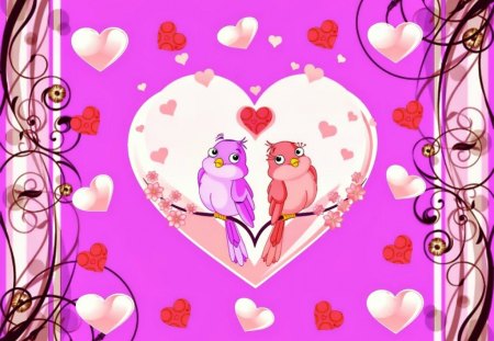 lovebirds - birds of a feather, hearts of love, birds of love, two sweethearts