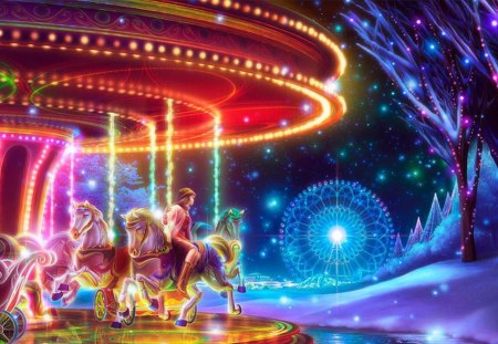 Fantasy world of childhood - yellow, blue, world of childhood, pink, horse, child, tree, shu, fantasy, crousel, purple, red, lights, art