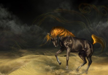 Fantasy horse - black, fantasy, animal, fire, painting, beauty, art, horse