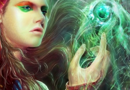 Magic - sorceress, yellow, magic, girl, beauty, pink, orange, fantasy, green, sphere