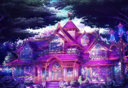 Fantasy mansion - game, pink, blue, mansion, tree, house, black, fantasy