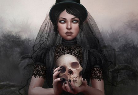 Woman with skull - woman, skull, hat, dark dress, black hair