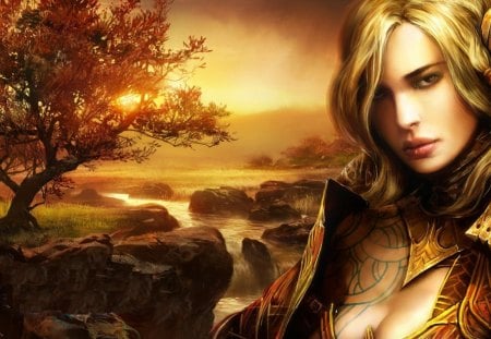 Guild Wars - cg, game, sunset, woman, guild wars, blonde hair, tree