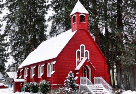 Quaint Country Chapel - chapel, winter, red, snow, country, architecture