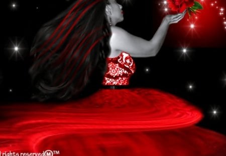 Beauty In Red - red, butterfly, fantasy, rose, make believe, sparkles