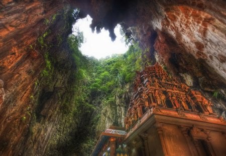 temple inside circular cave hdr - cave, trees, hdr, temple, hole