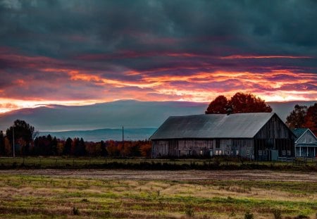 farm at sunset - clouds, sunset, farm, barn