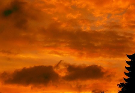 orange sunset over a temple - sky, orange, sunset, temple