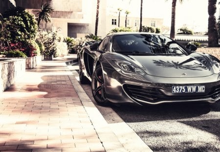 mclaren mp4 - street, car, shiny, sidewalk