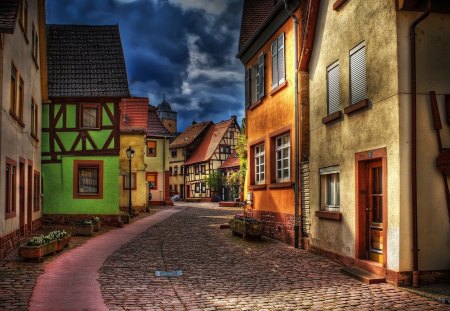 beautiful side street in town - street, town, clouds, colors, house