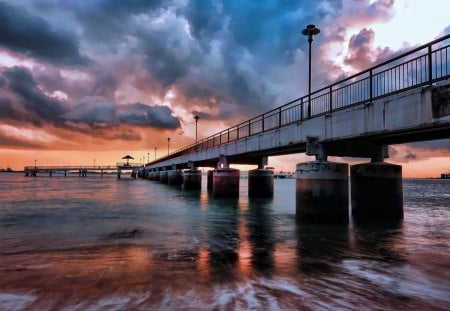 pier under wonderful sky - sky, beach, pier, clouds, sea