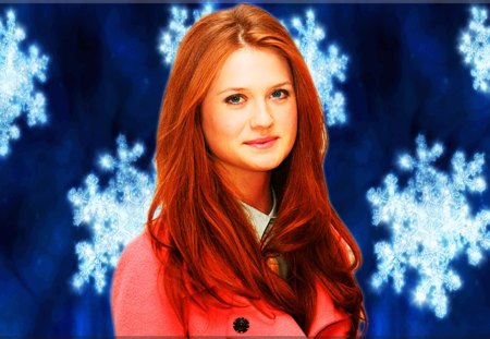 Bonnie Wright - Harry Potter, women, Bonnie Wright, snowflakes, ginger, girl, red head, actress, red hair, redhead, woman