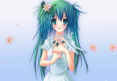 Hatsune Miku - anime, vocaloid, female, blossom, dress, hatsune miku, green eyes, green hair, long hair, gown, anime girl, girl, plains, blush, simple, sundress, lovely, sweet, flower, petals, miky, cute, floral, vocaloids