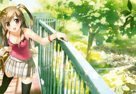 anime girl - manga, anime, nature, girl, bridge