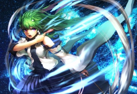 Kochiya Sanae - anime, magic, female, green hair, light, long hair, pink eyes, touhou, fire, sparks, anime girl, realistic, hot, flame, kochiya sanae, cg, glow, talisman, cute, 3d, sexy, blaze