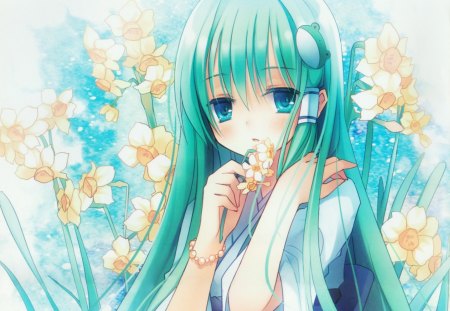 Kochiya Sanae - anime, kawaii, female, blossom, green eyes, green hair, long hair, touhou, anime girl, girl, lovely, sweet, flower, petals, kochiya sanae, cute, floral