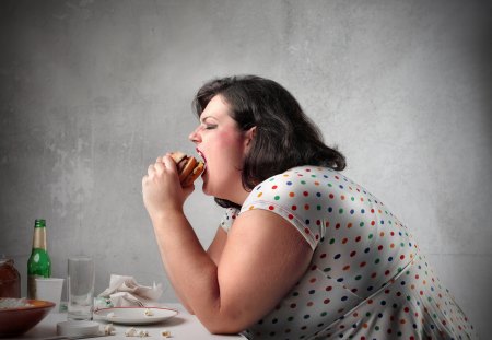 Prejudice about fat people - non healthy, burger, fat, woman, eating, prejudice