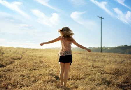 summer joy - hat, wind, girl, alone, blonde, grass, field, refresh