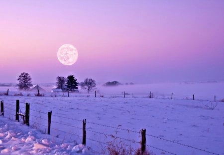 Winter Morning - beauty, sky, early morning, farm, peaceful, view, winter time, full moon, clouds, house, snowy, morning, moon, houses, fence, landscape, winter, lovely, nature, snow, beautiful, splendor