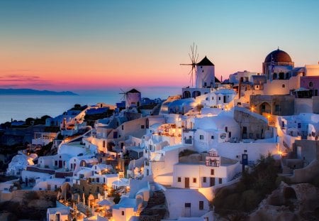 Santorini, Greece - Santorini, Greece, splendor, sunrise, view, paradise, houses, sky, clouds, house, beautiful, sea, beauty, resort, lovely, architecture, buildings, nature, sunset, peaceful, building