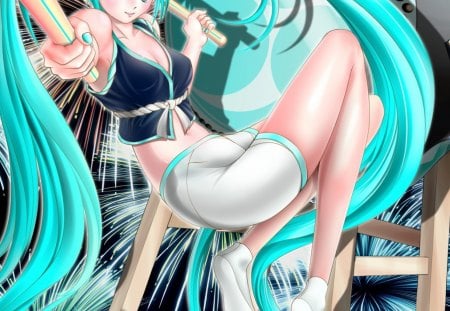 Beating Drum - drum, anime, vocaloid, elegant, divine, female, twintail, hatsune miku, green eyes, green hair, long hair, gorgeous, fireworks, twin tails, anime girl, realistic, twintails, beautiful, hot, girl, beauty, lovely, cg, miku, cute, 3d, sexy, vocaloids