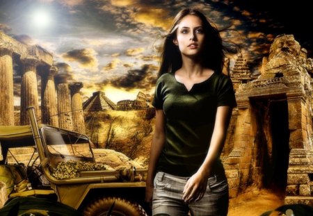 Girl - filters in photoshop, jeep, blackground, ruins, girl