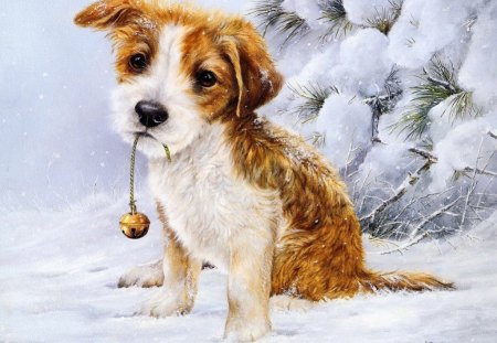 Winter sandess - pretty, snow, dog, animal, sad, puppy, sorrow, nice, sadness, winter, beautiful, snowy, lovely, sweet, tree, painting, cold, cute, adorable