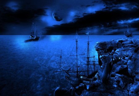 BLUE OCEAN - moon, ship, ocean, blue, night