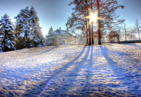 country house on a sunny winter day hdr - hill, trees, winter, gazebo, hdr, manor