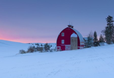 red barn and silo on a winter's sunset - silo, hills, winter, sunset, barn, farm