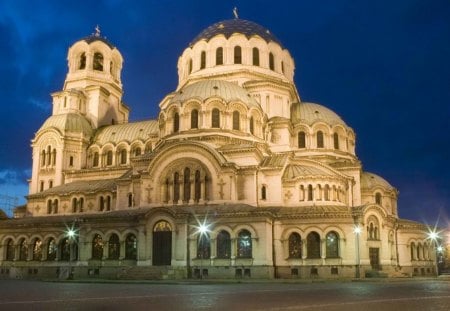 lovely cathedral in sophia bulgaria - cobblestones, cathedral, lights, night