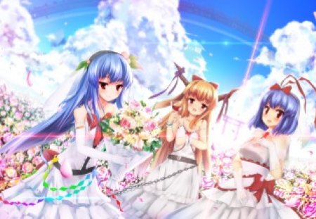 Let's Celebrate!!! - clouds, anime, scenery, Iku Nagae, brides, flowers, girls, touhou, Suika Ibuki, sky