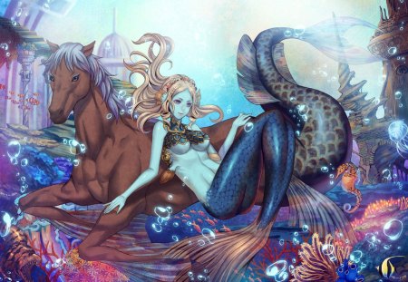 mermaid - seabed, anime, reef, bubbles, fish, sea horse