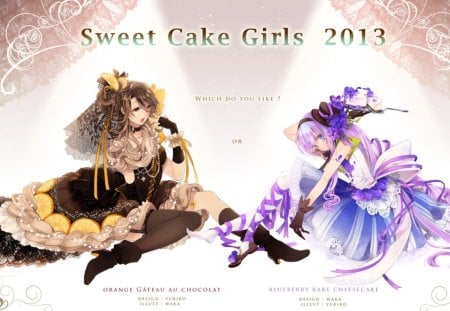 ~The Sweet Cake Girls~ - girls, ribbons, colorful, blueberries, oranges, brown, purple, pretty, dresses, beautiful, lace, anime