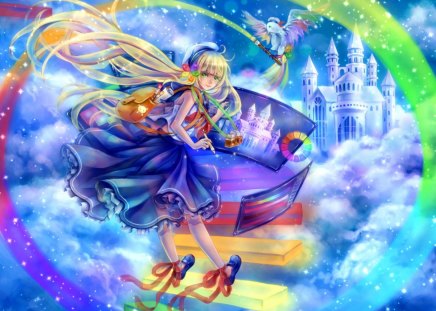 ~The World of Imagination~ - rainbow, sky, girl, colorful, imagination, fantasy, bird, paintbrush, castle, beautiful, clouds, anime