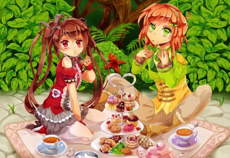 Sweet Tooth Attack - anime, bushes, picnic, sweets, tea, green eyes, brown hair, girls, cakes, cookies