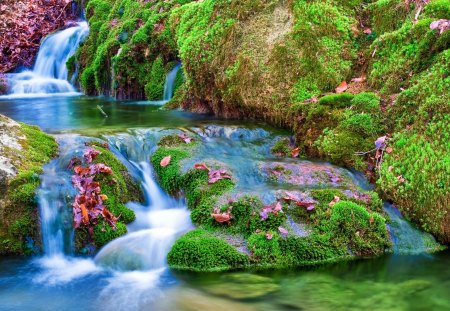 Waterfall - beauty, water, stream, waterfalls, moss, waterfall, rocks, nature, river, beautiful, leaves