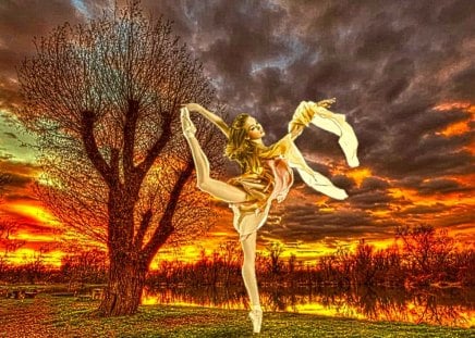 Beauty - ballerina, HDR filters in photoshop, cloud, tree, blackground