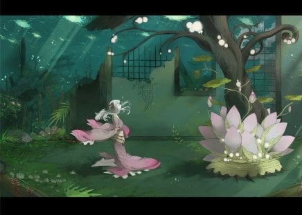 Lotus fantasy - lotus, girl, spring, flower, pink, tree, manga, fantasy, lilly, green