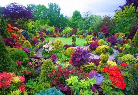 Spring show - flowers, bushes, colors, walkway, park