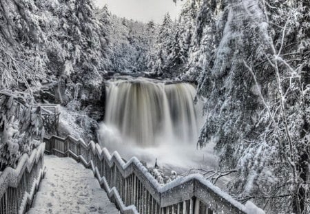 Icy cascades - winter, waterfall, trees, walkway, snow, cold