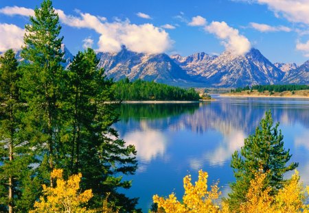 Blue lake - lakeshore, nice, sky, trees, riverbank, clear, mirrored, calm, view, quiet, reflection, pretty, river, clouds, lake, mountain, summer, shore, lovely, nature, blue, tranquil, beautiful