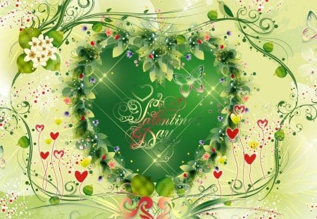 Valentines Day Green - abstract, papillon, heart, vines, summer, butterflies, spring, leaves, fleur, flowers, green, valentine, Valentines Day, heart balloons